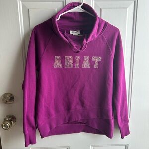 ARIAT REAL Cowl Neck Pullover Sweatshirt Sequin Logo Spell Out Magenta Petite Sm
